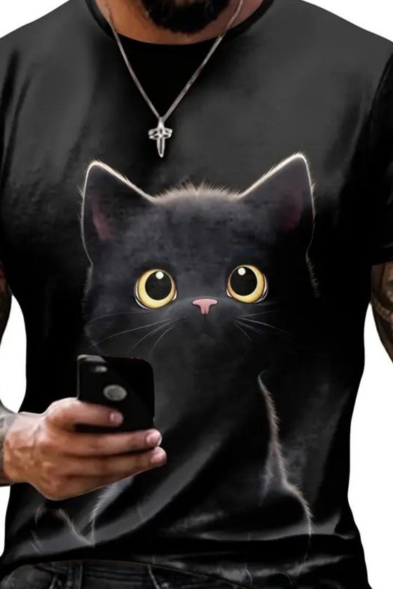 Erkek Bisiklet Yaka Kedi Baskılı Süprem T-shirt