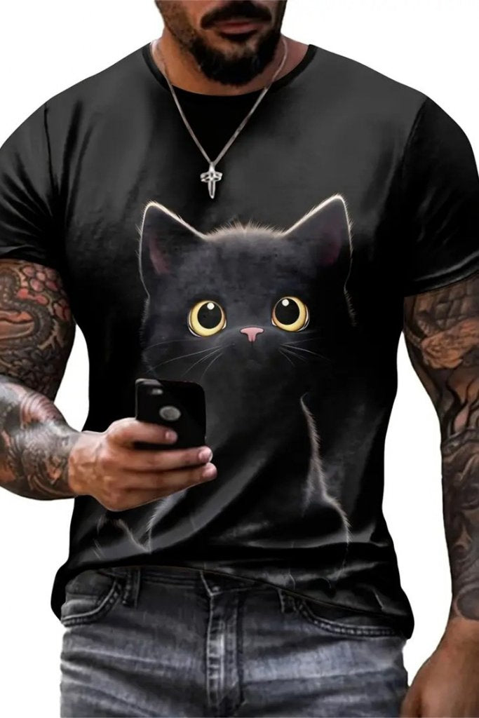 Erkek Bisiklet Yaka Kedi Baskılı Süprem T-shirt