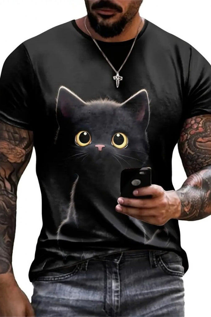 Erkek Bisiklet Yaka Kedi Baskılı Süprem T-shirt