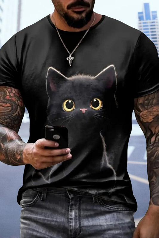 Erkek Bisiklet Yaka Kedi Baskılı Süprem T-shirt