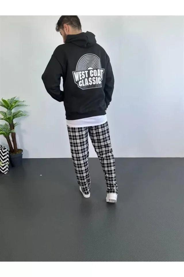 Erkek Sırt Baskılı Kapüşonlu Üç İplik Oversize Sweatshirt - Siyah