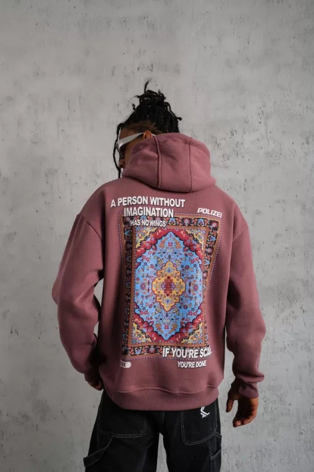 Erkek Kilim Desen Kapüşonlu Sweat - Gül Kurusu