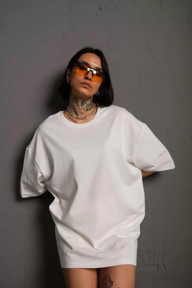 24/1 Düz A Kalite Oversize T-shirt - Beyaz