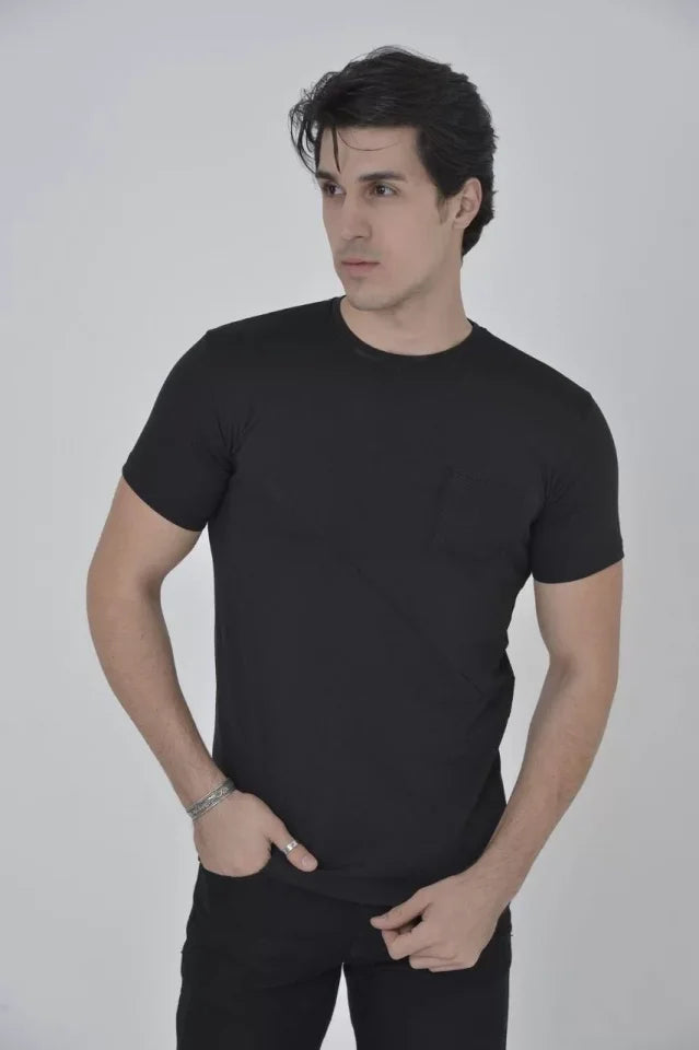 Erkek File Cepli Slim Fit T-shirt - Siyah