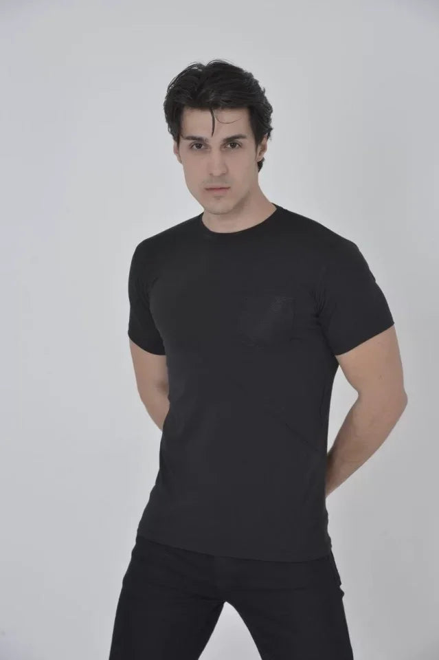 Erkek File Cepli Slim Fit T-shirt - Siyah