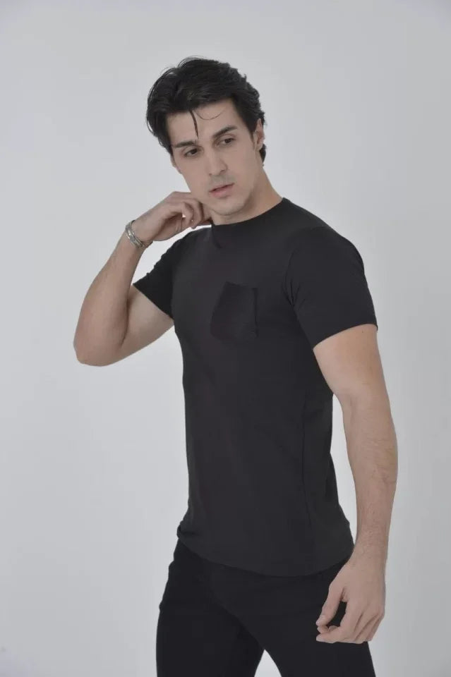 Erkek File Cepli Slim Fit T-shirt - Siyah