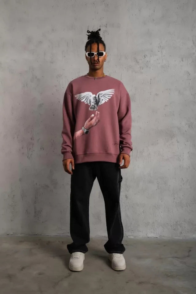 Erkek Güvercin Baskılı Sweatshirt - Gül Kurusu