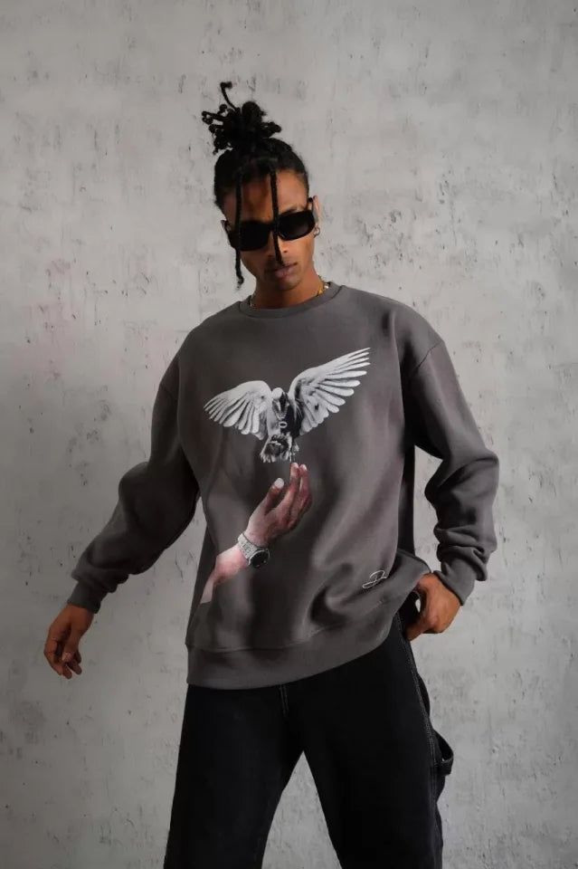 Erkek Güvercin Baskılı Sweatshirt - Gri