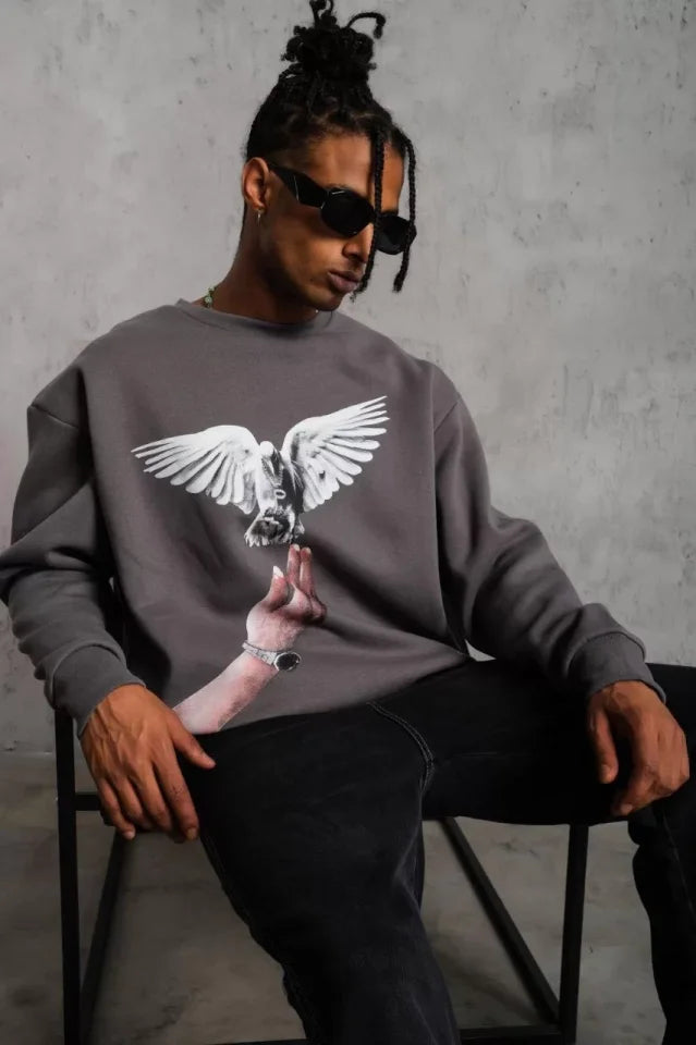 Erkek Güvercin Baskılı Sweatshirt - Gri