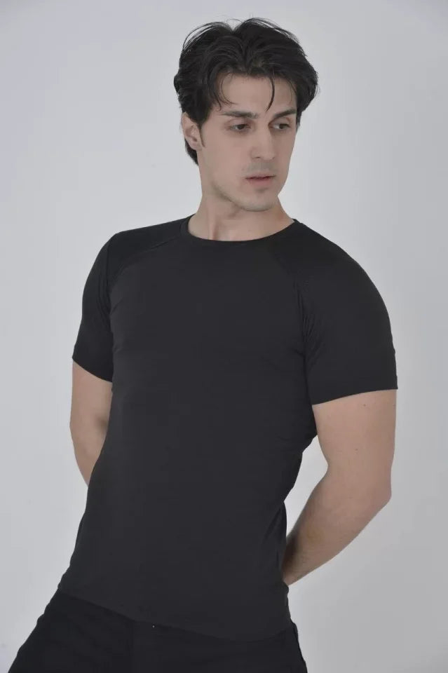 Erkek Omuz Fileli Slim Fit T-shirt - Siyah