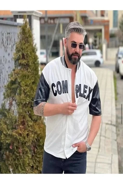 Erkek Complex Kolları Deri Kolej Oversize T-Shirt - Beyaz