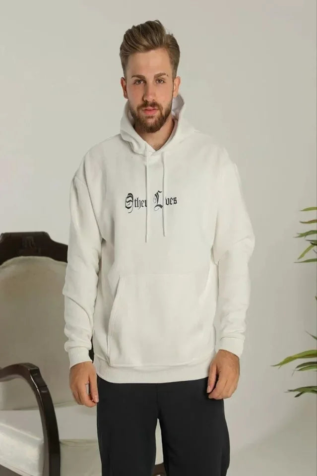 Erkek Sırt Baskılı Oversize Üç İplik Kapüşonlu Sweatshirt - Beyaz