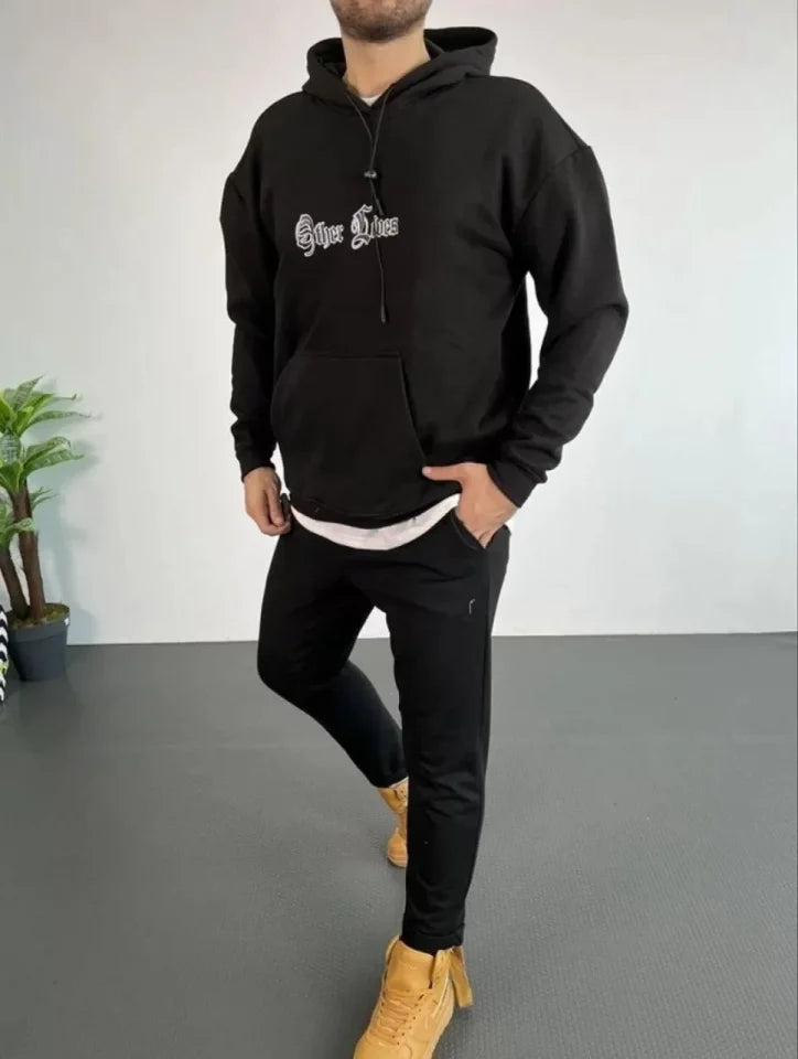 Erkek Sırt Baskılı Oversize Üç İplik Kapüşonlu Sweatshirt - Siyah