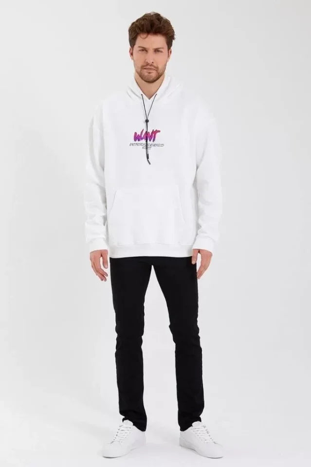 Erkek Baskılı Üç İplik Kapüşonlu Oversize Sweatshirt - Beyaz