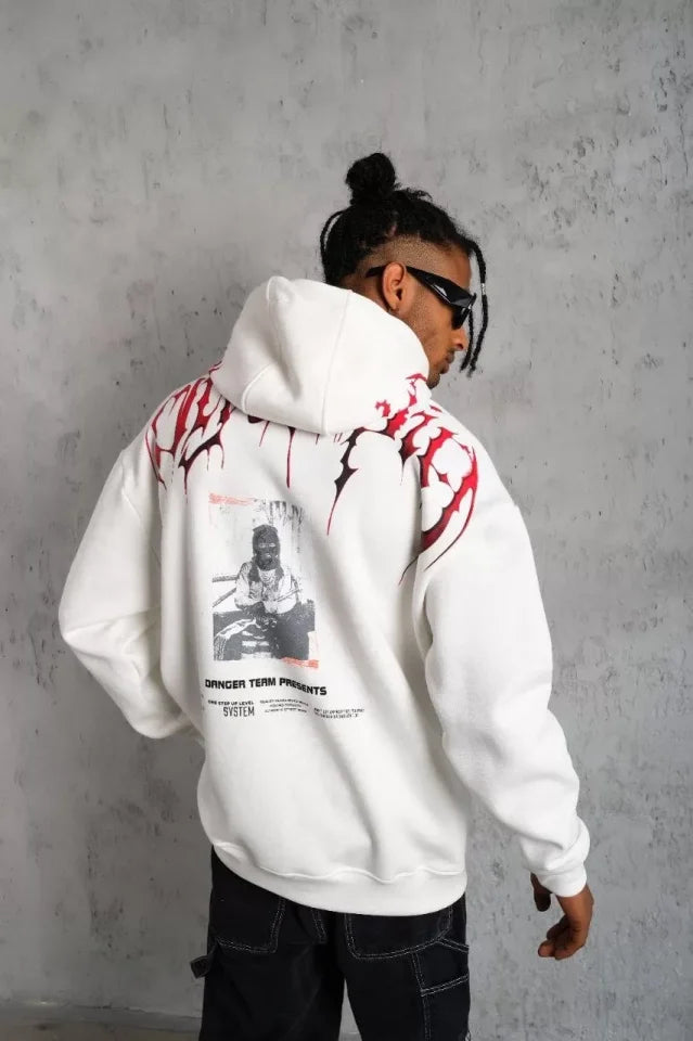 Erkek Ön Ve Arka Baskılı Kapüşonlu 3 İplik Sweatshirt - Beyaz