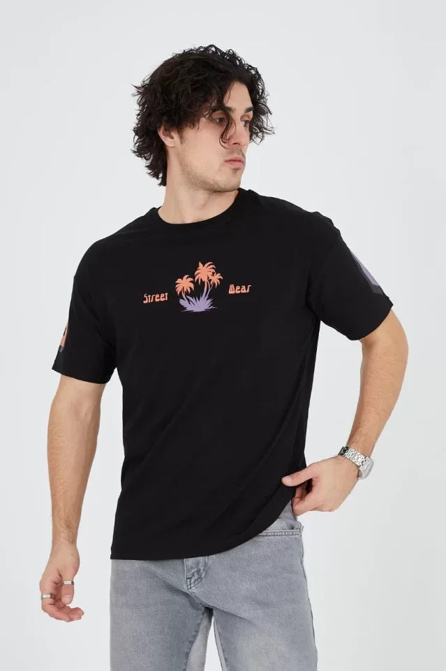 Erkek Ön Ve Arka Baskılı T-Shirt - Siyah