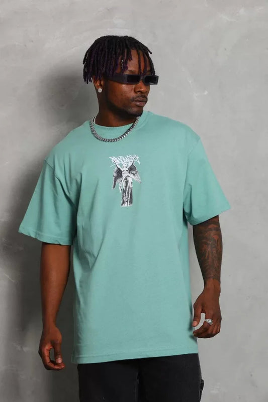 Unisex Oversize Baskılı Bisiklet Yaka T-Shirt - Mint Yeşili