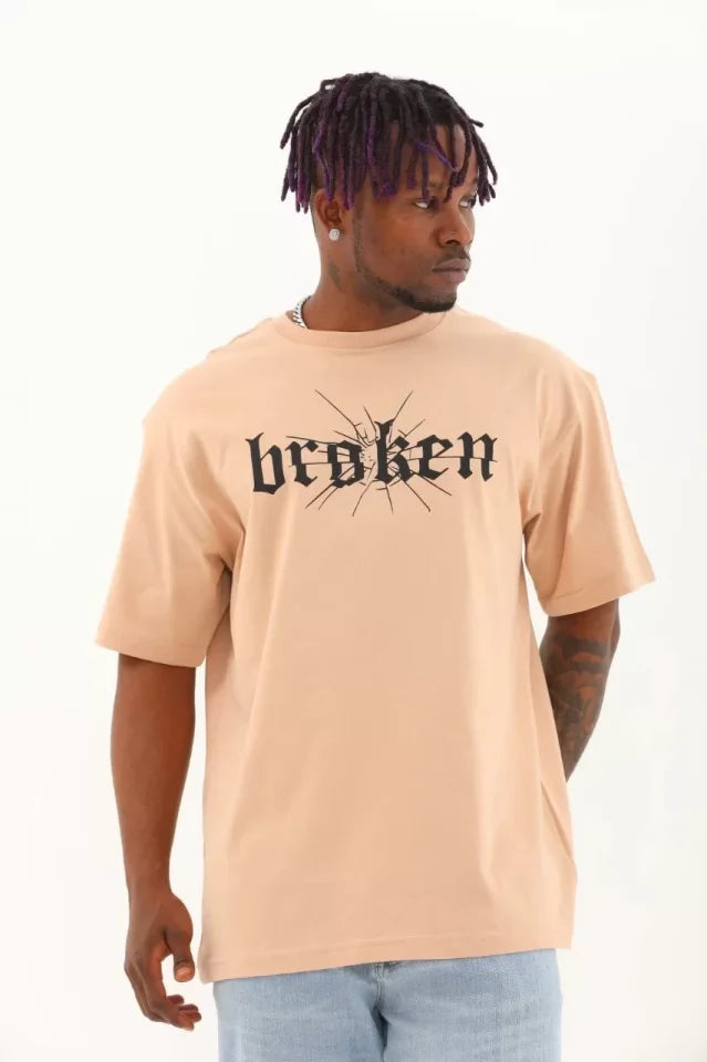 Unisex Oversize Baskılı Bisiklet Yaka T-Shirt - Bej