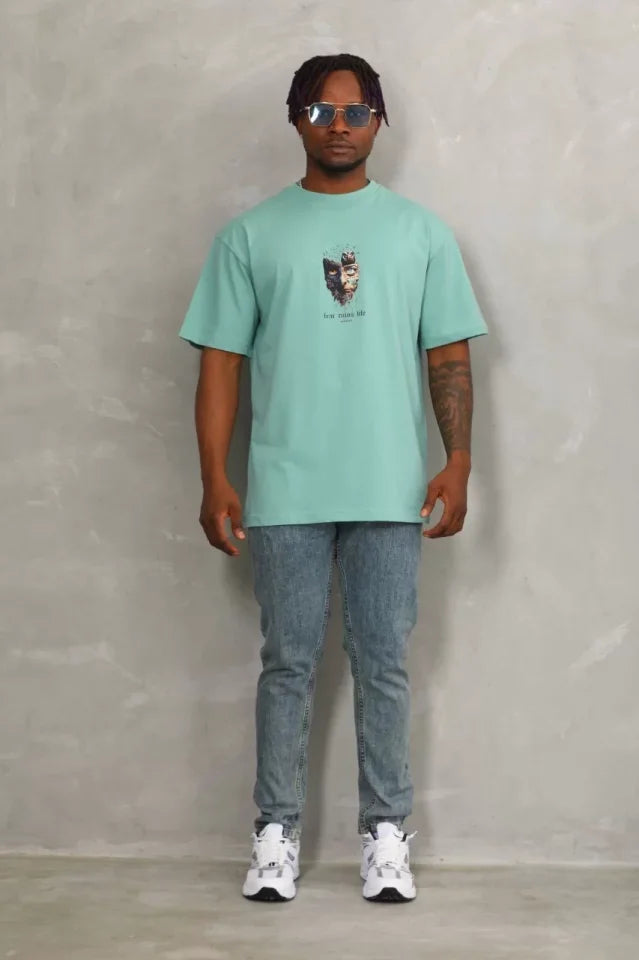 Unisex Oversize Baskılı Bisiklet Yaka T-Shirt - Mint Yeşili