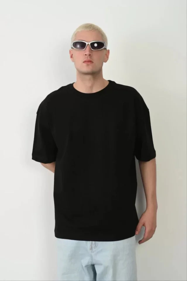 Unisex Basic Bisiklet Yaka Oversize T-Shirt - Siyah