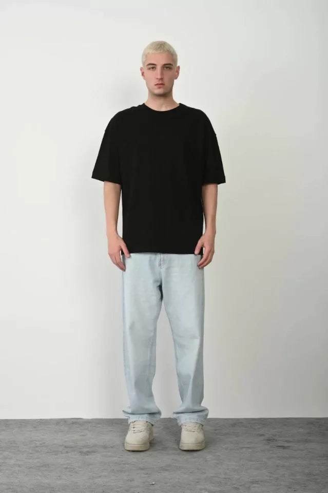 Unisex Basic Bisiklet Yaka Oversize T-Shirt - Siyah