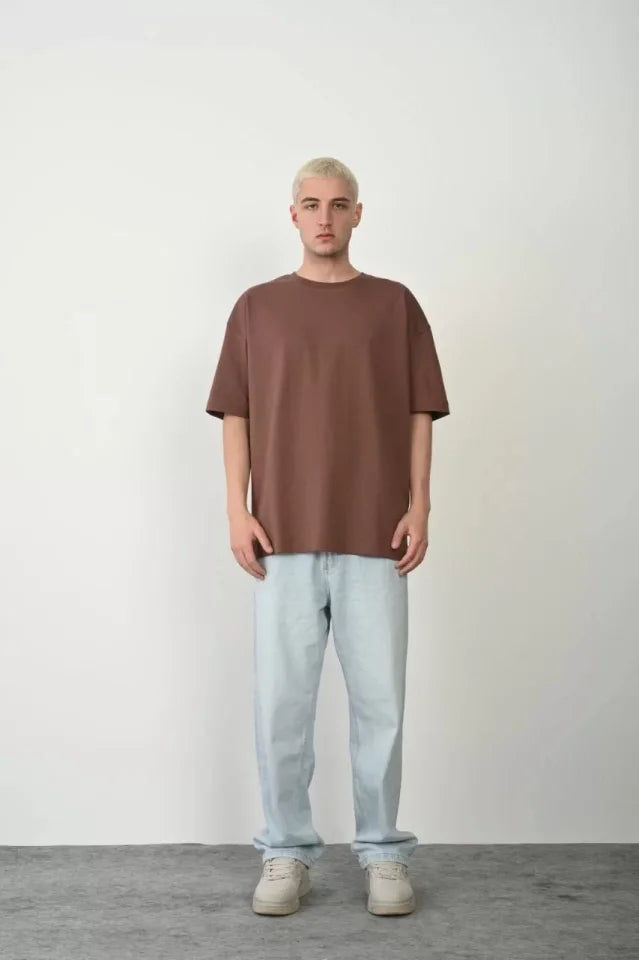 Unisex Basic Bisiklet Yaka Oversize T-Shirt - Mürdüm