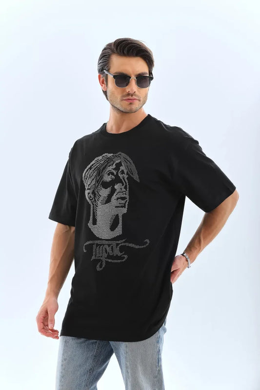 Unisex Oversize Taşlı Bisiklet Yaka T-Shirt - Siyah