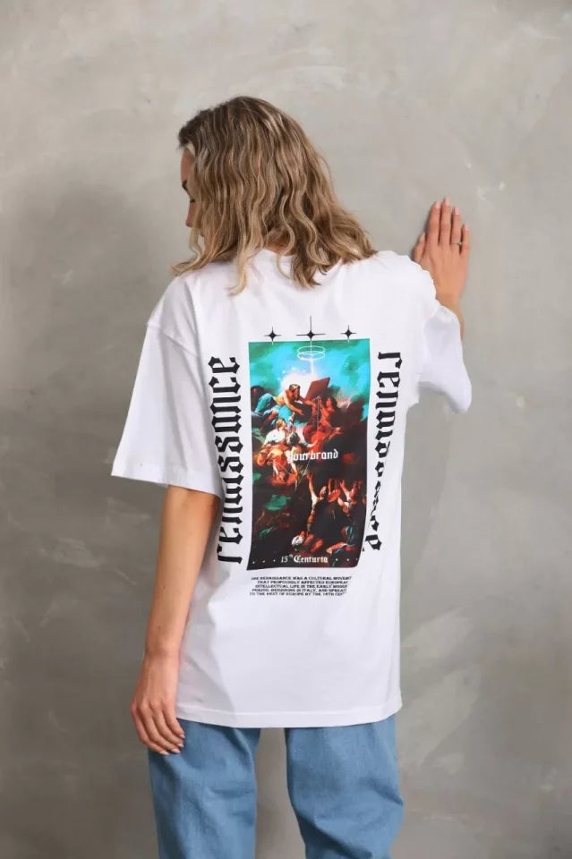 Unisex Baskılı Oversize T-Shirt - Beyaz