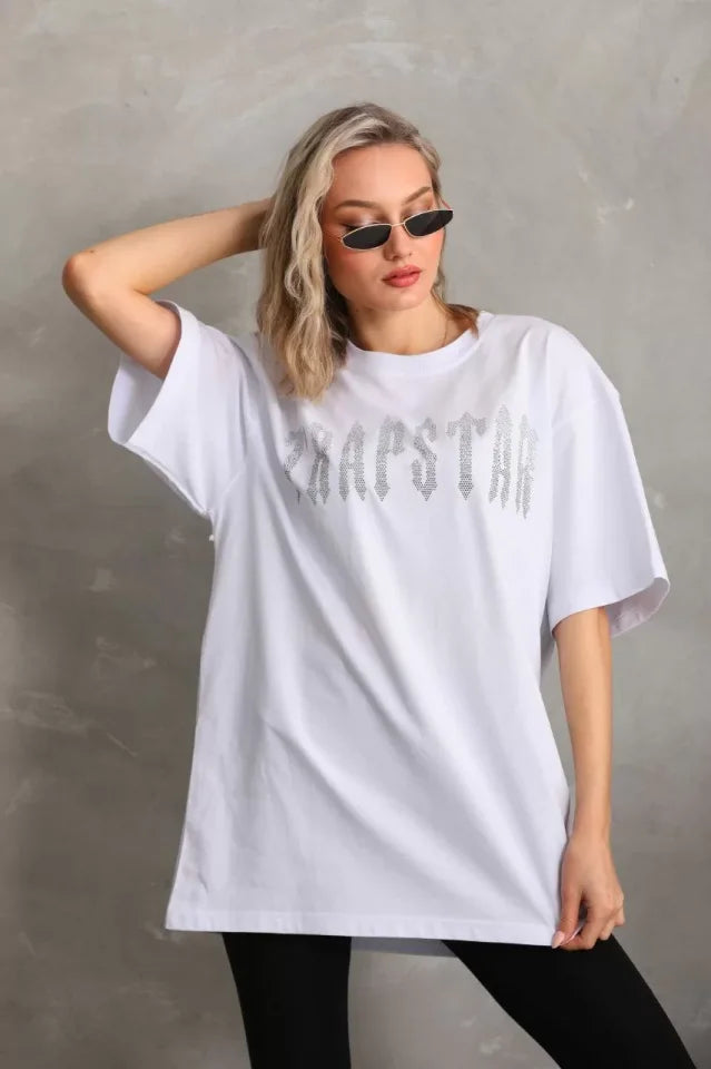 Unisex Taş Desenli Oversize T-Shirt - Beyaz