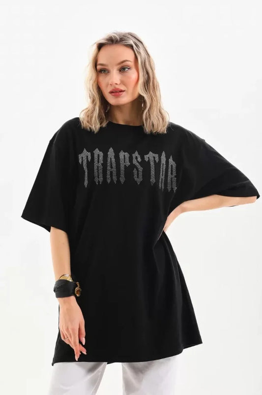 Unisex Taş Desenli Oversize T-Shirt - Siyah