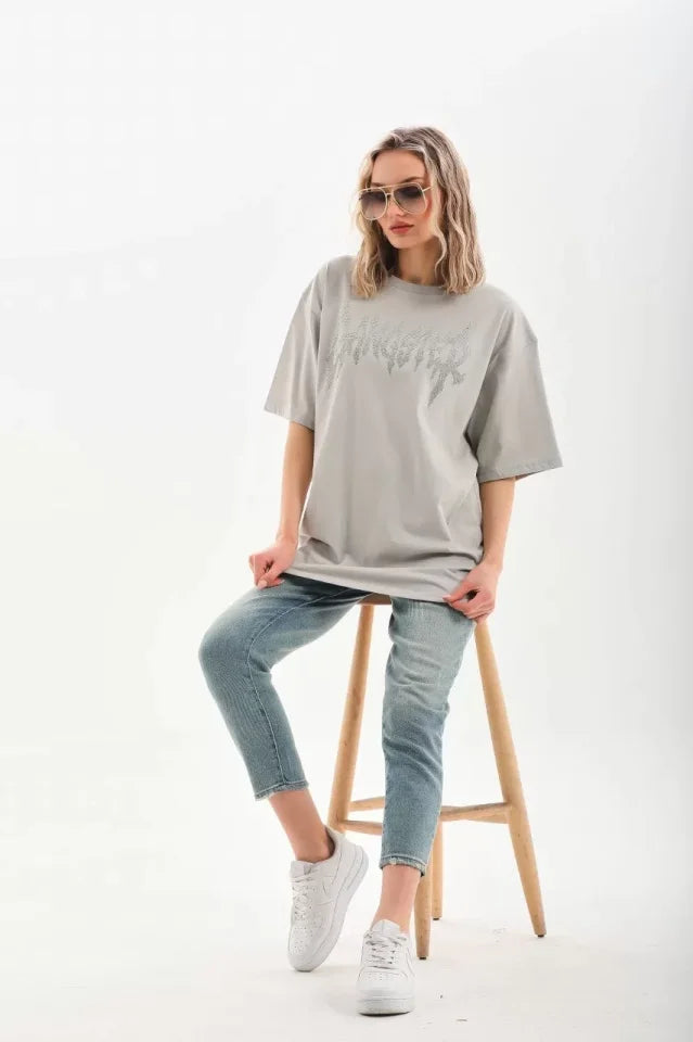 Unisex Taş Desenli Oversize T-Shirt - Gri