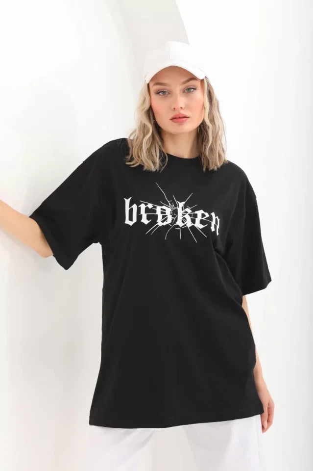 Unisex Baskılı Oversize T-Shirt - Siyah