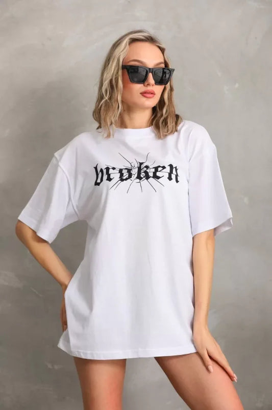 Unisex Baskılı Oversize T-Shirt - Beyaz