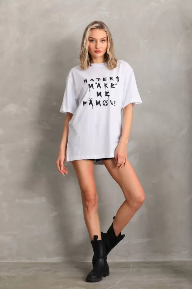 Unisex Baskılı Oversize T-Shirt - Beyaz