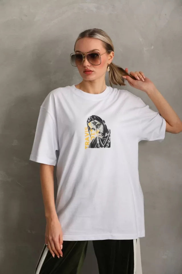 Unisex Baskılı Oversize T-Shirt - Beyaz