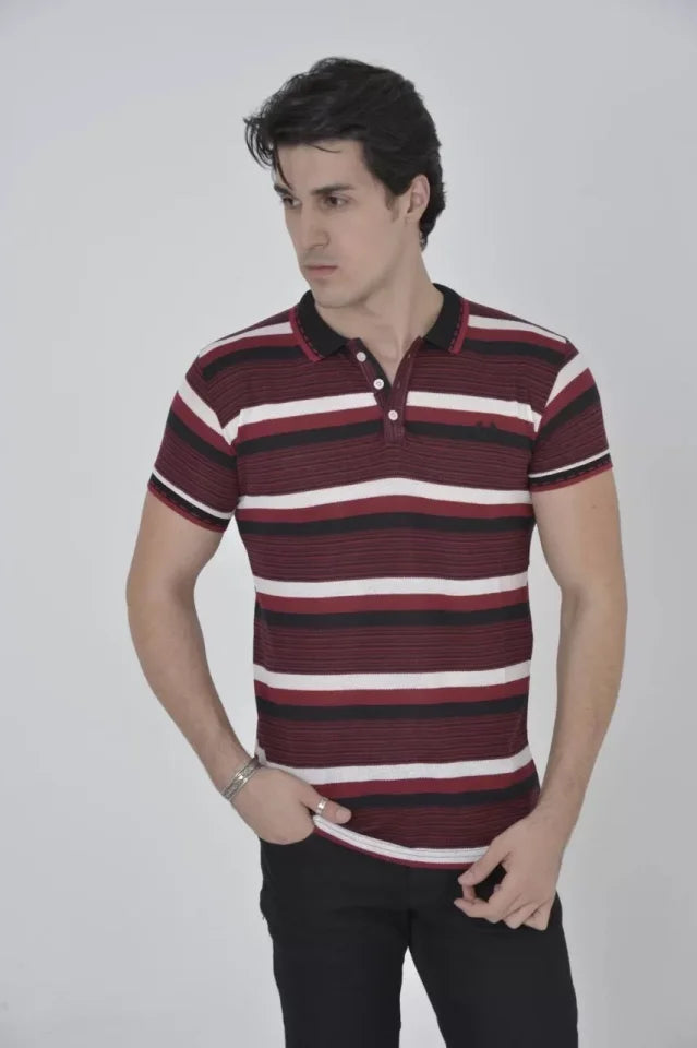 Erkek Yakalı Slim Fit Dokuma Çizgili T-Shirt - Bordo