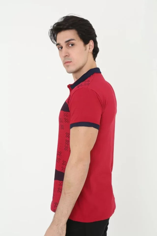 Erkek Yakalı Slim Fit Baskılı T-Shirt - Kırmızı