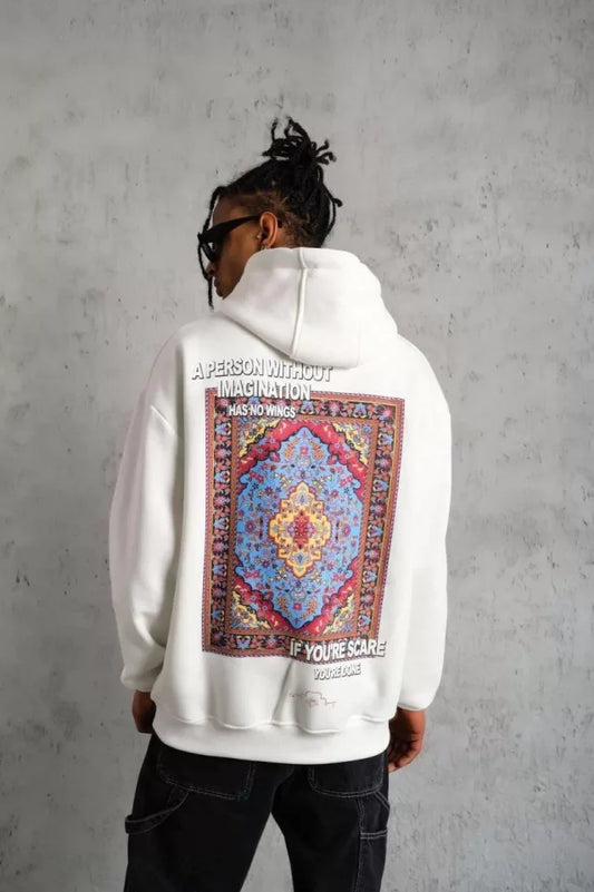 Erkek Kilim Desen Kapüşonlu Sweat- Beyaz