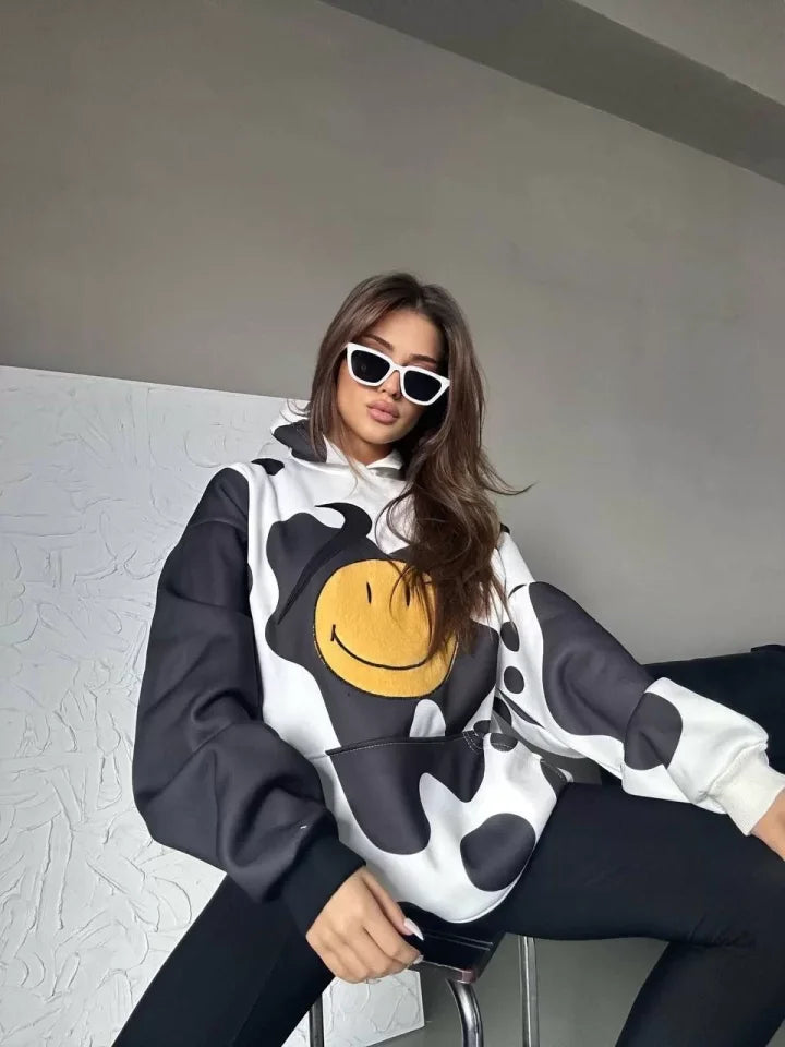 Smiley Face Kapüşonlu Sweatshirt - Siyah