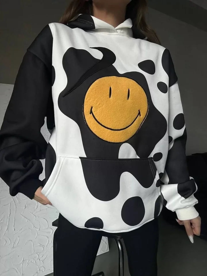 Smiley Face Kapüşonlu Sweatshirt - Siyah