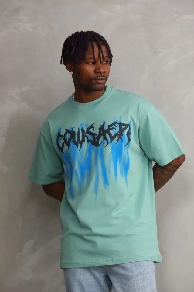 Unisex Baskılı Oversize T-Shirt - Mint Yeşili