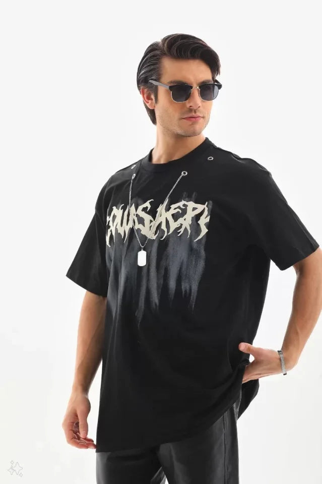 Unisex Oversize Kolye Dahil T-Shirt - Siyah