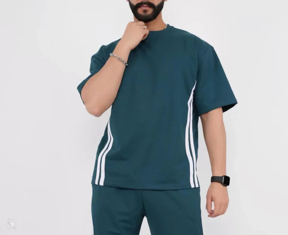 Unisex Oversize Yanları Şeritli T-Shirt - Cam Göbeği