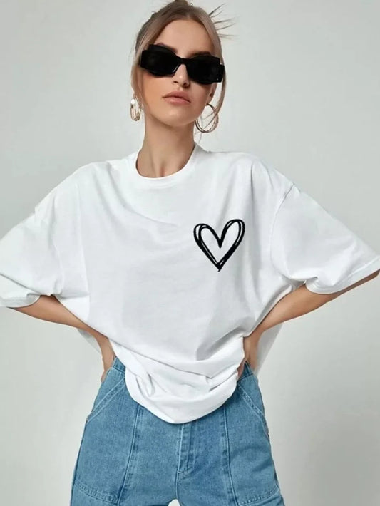 Bisiklet Yaka Baskılı Oversize T-Shirt - Beyaz