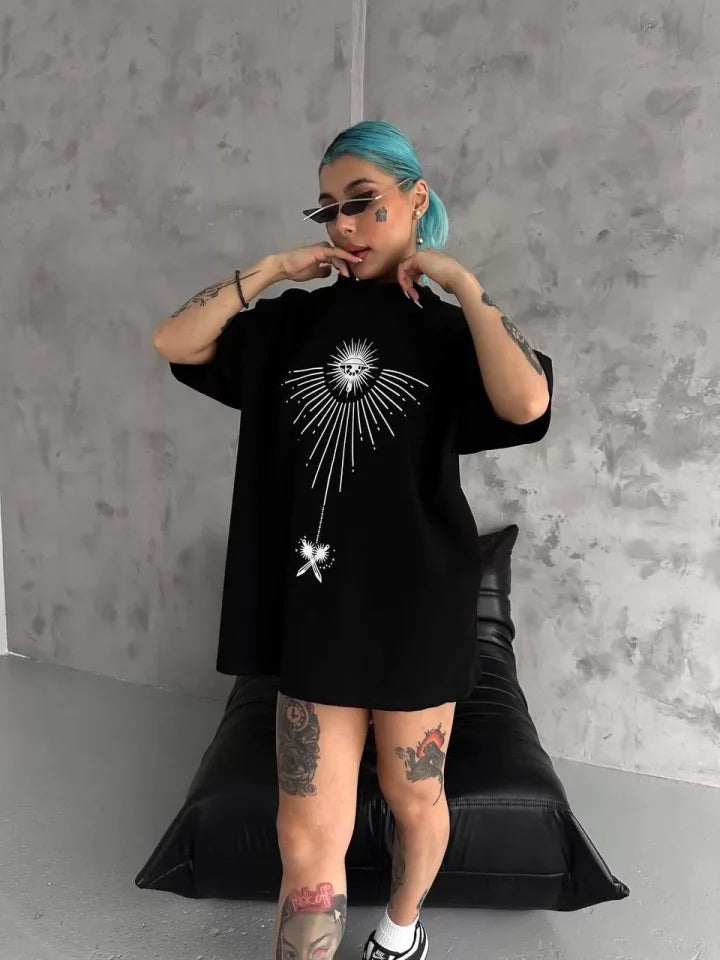 Unisex Bisiklet Yaka Baskılı Oversize T-Shirt - Siyah