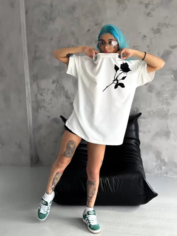 Unisex Bisiklet Yaka Baskılı Oversize T-Shirt - Beyaz