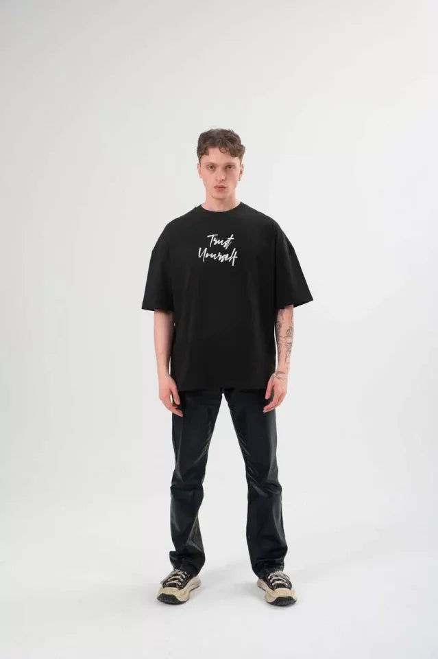 Unisex Bisiklet Yaka Baskılı Oversize T-Shirt - Siyah