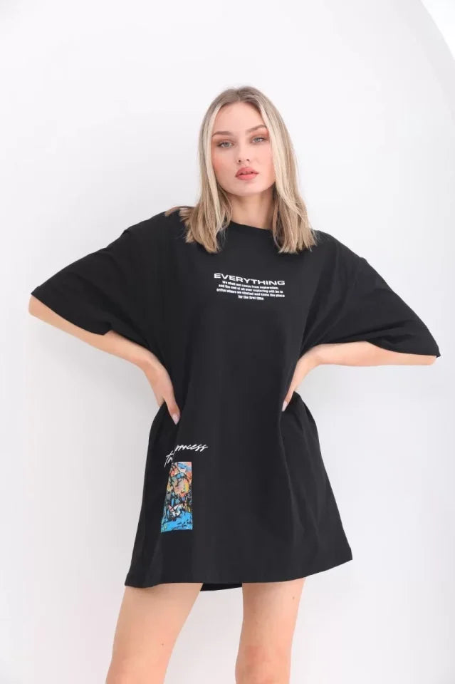 Unisex Bisiklet Yaka Baskılı Oversize T-Shirt - Siyah