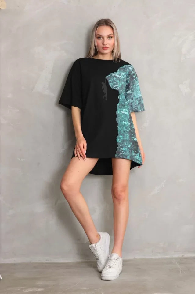 Unisex Bisiklet Yaka Baskılı Oversize T-Shirt - Siyah