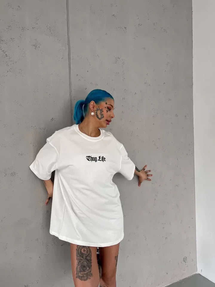 Unisex Bisiklet Yaka Baskılı Oversize T-Shirt - Beyaz